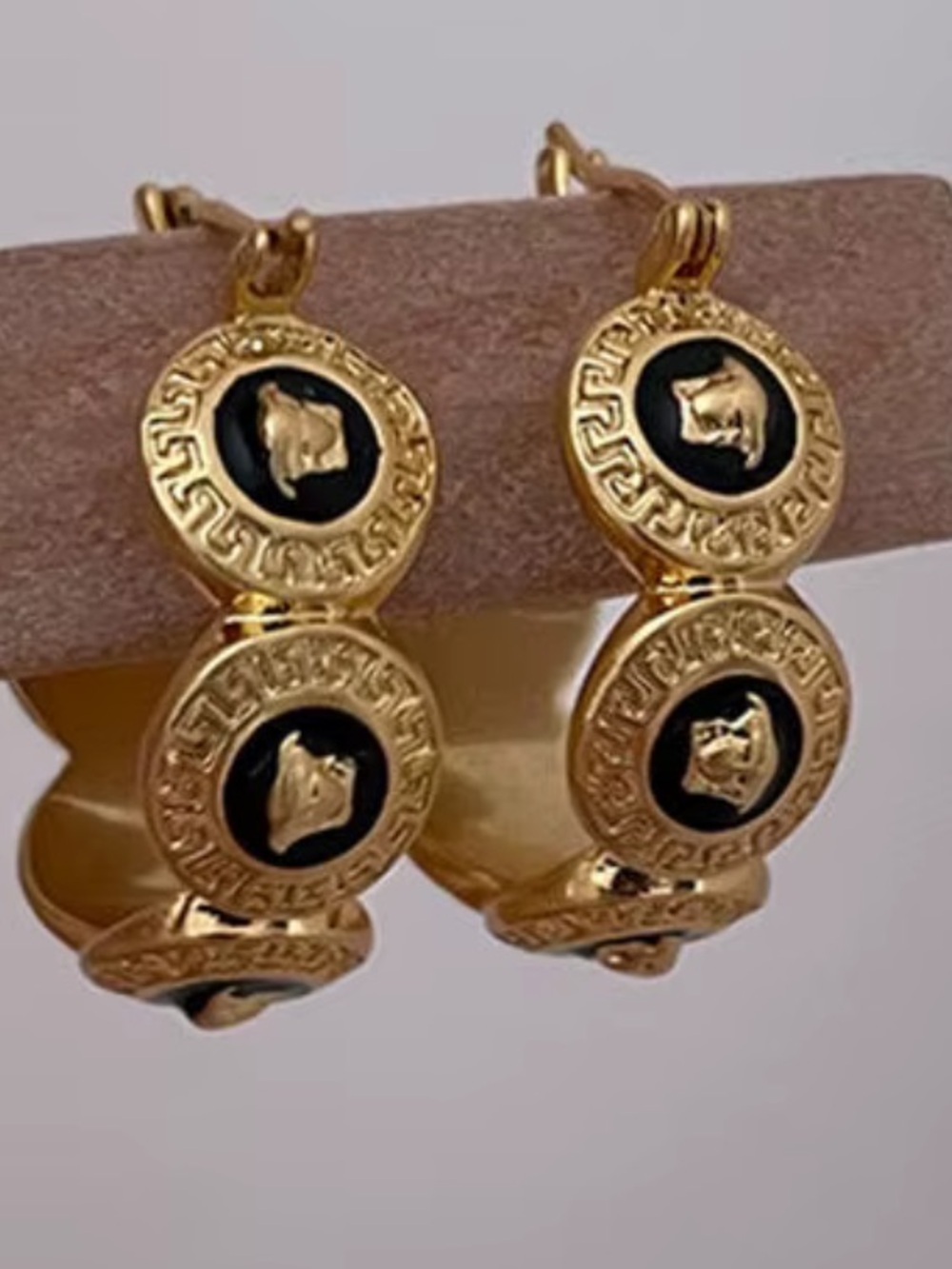Fashion Jewelry Gold Hoop Earrings with Black Medallion Accents